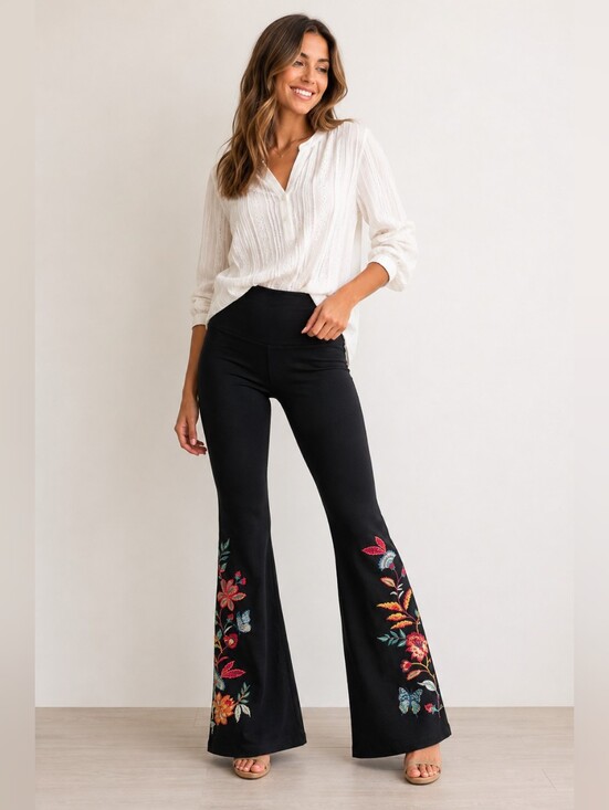 Johnny Was Pants - Johnny Was Sandhra Embroidered High Waist Flare Leggings Black Size L NWT